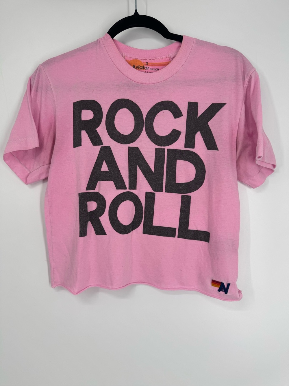 Aviator Nation Rock and Roll Boyfriend Tee Neon Pink & Black Crew Neck Boxy Sz S - Picture 3 of 10